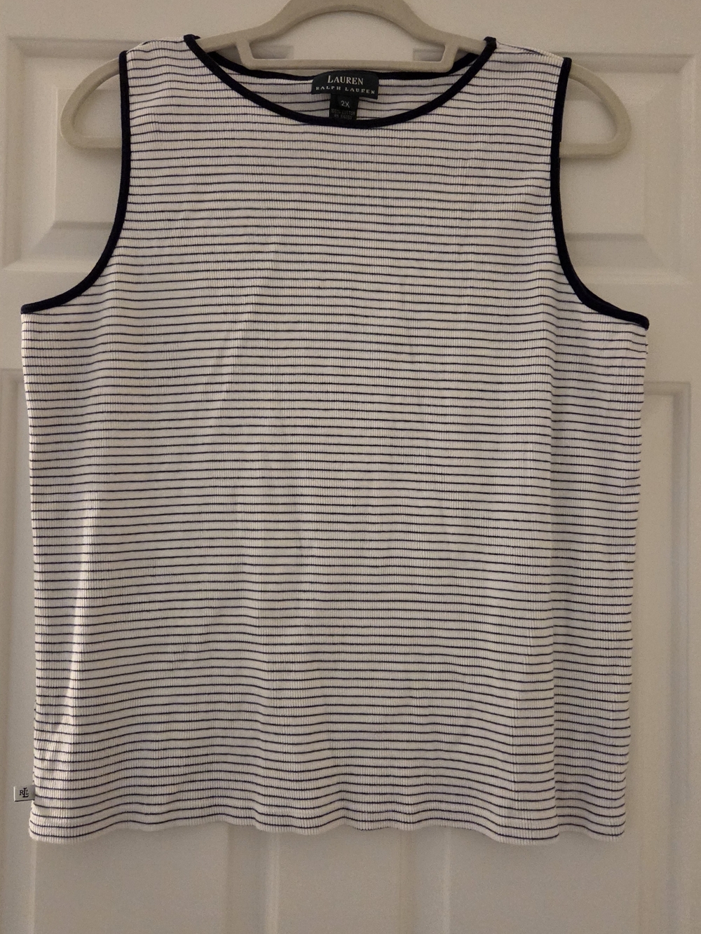 Lauren Ralph Lauren Women's 2X Navy White Striped Ribbed Knit Tank Top Sleeveles